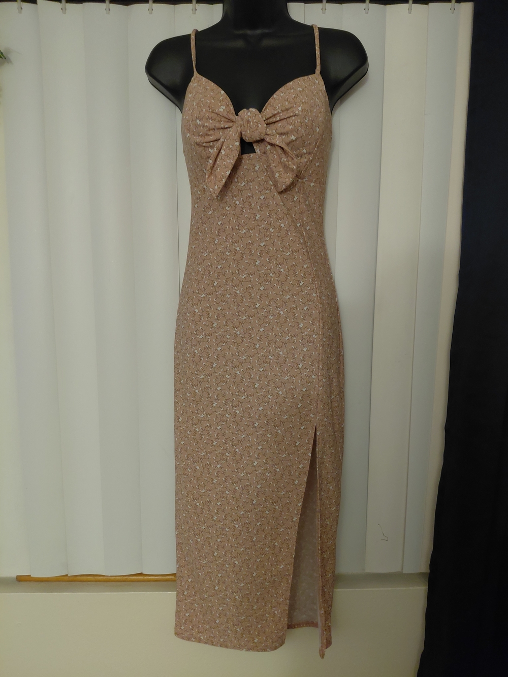 Spiral Hem Beige Floral Midi Dress with Front Tie